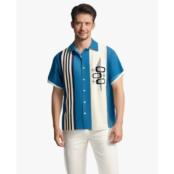 ❤️Men Blue Print Short Sleeve  Hawaiian Fit Casual Button Down Beach Shirts - Picture 2 of 7